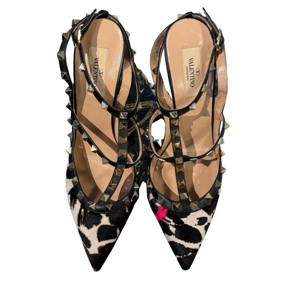 Valentino Garavani Pink/Black Leopard Print Pony Hair Rockstud T-Strap Pumps 40 - Picture 2 of 5